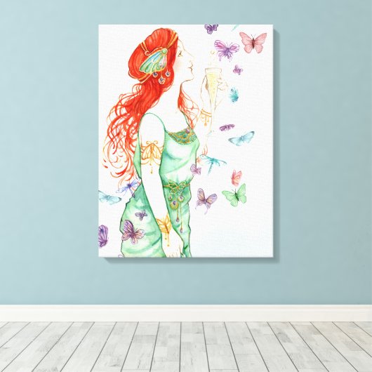 Kunst Nieuwe Dame Champagne en Butterflies Canvas Afdruk (Insitu (Houten vloer))