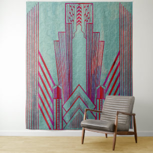 Kunst nieuwe, rode, blauwgroen, groene, , art deco wandkleed