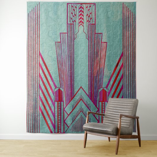 Kunst nieuwe, rode, blauwgroen, groene, , art deco wandkleed (In situ)