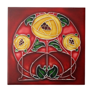 Kunst Nieuwe Stijl Geel en Rode Keramiek Tegeltje