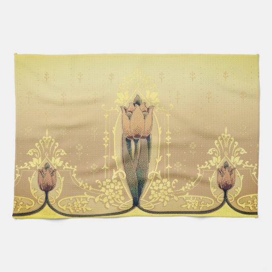 Kunst nouveau floral tulip roze and gold elegant theedoek (Horizontaal)