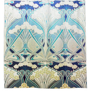 Kunst nouveau, zilver, groen, beige, natuur kleure douchegordijn
