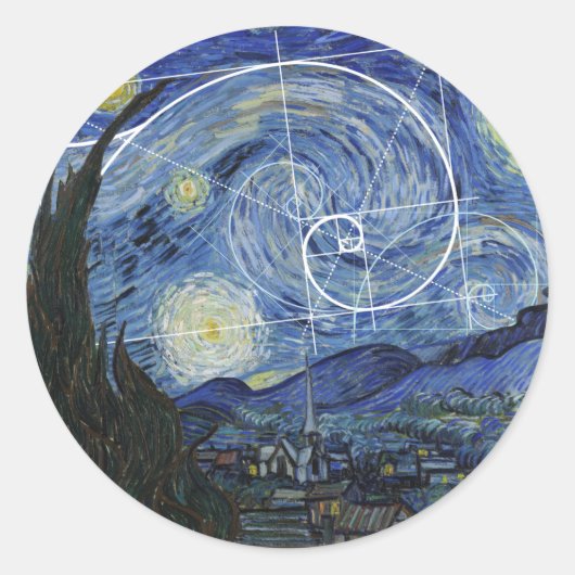 Kunst ontmoet Wiskunde, Van Gogh ontmoet Fibonacci Ronde Sticker (Voorkant)