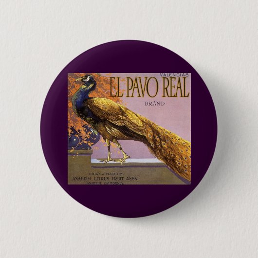 Kunst op oude fruitkratlabel El Pavo Pauw Vogel Ronde Button 5,7 Cm (Voorkant)
