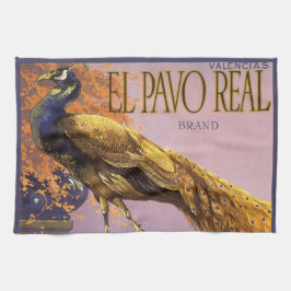 Kunst op oude fruitkratlabel El Pavo Pauw Vogel Theedoek