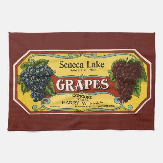 Kunst op oude fruitkratlabel, Seneca Lake-druiven Theedoek (Horizontaal)