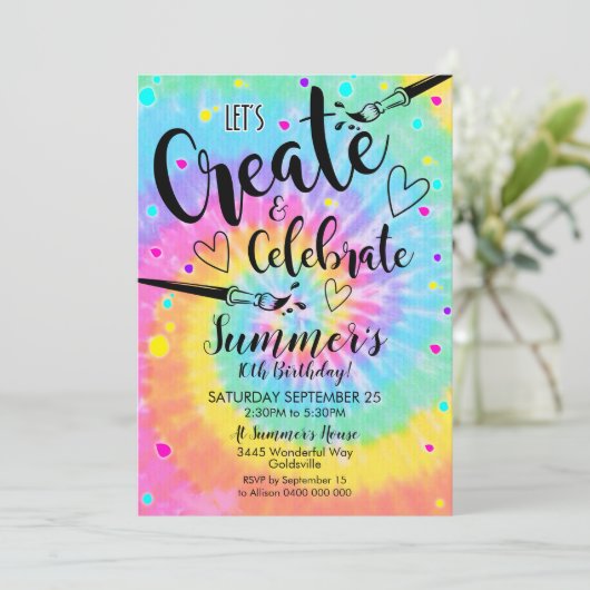 Kunst Partij Uitnodiging Tie Dye Paint Rainbow (Staand voorkant)