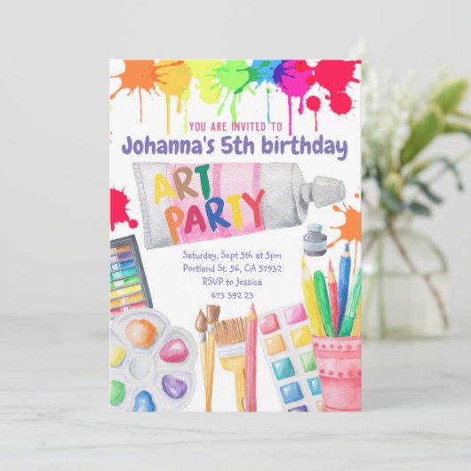 Kunst Party Paints Kids Verjaardag Uitnodiging (Staand voorkant)