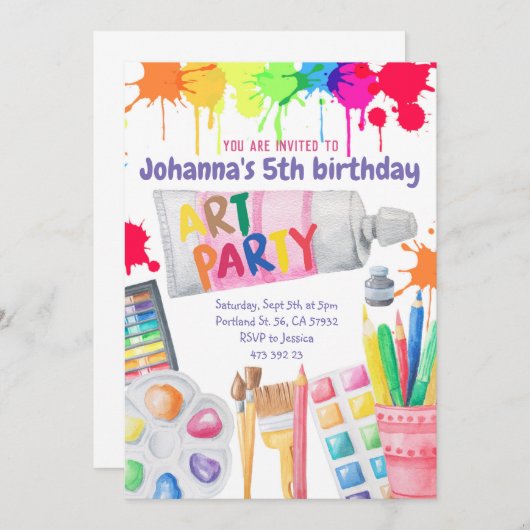 Kunst Party Paints Kids Verjaardag Uitnodiging (Voorkant / Achterkant)