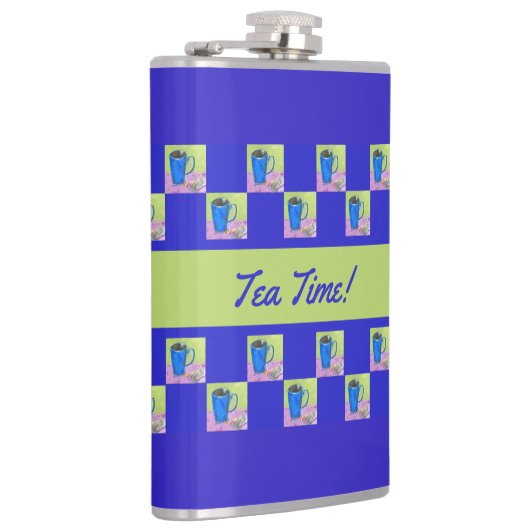 Kunst Thee Tijd Groen/Blauw Herhalend Ontwerp Heupfles (Rechts)