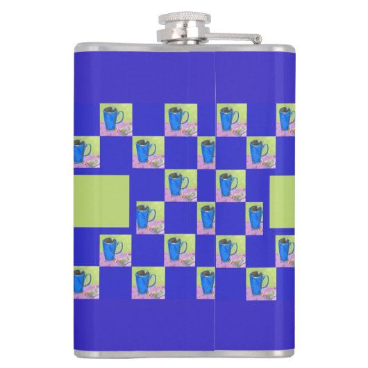 Kunst Thee Tijd Groen/Blauw Herhalend Ontwerp Heupfles (Achterkant)