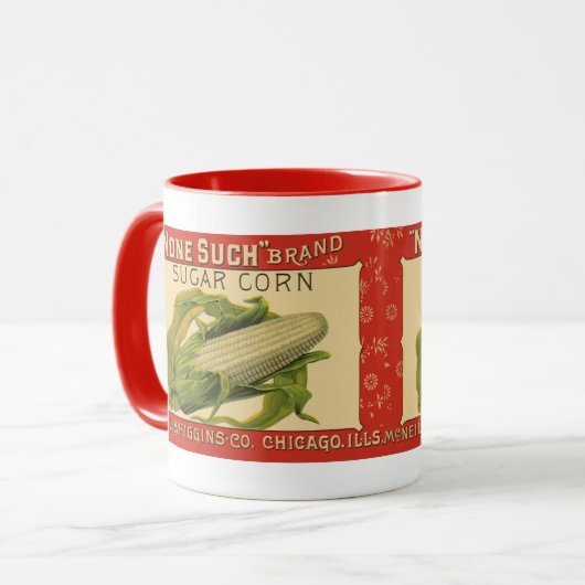 Kunst van antiek groentelabel, None Such Suikermai Mok (Voorkant links)