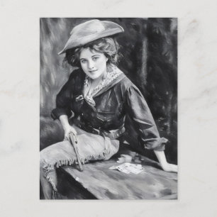 Kunst van cowgirl uit de 1800 met speelkaarten en  briefkaart