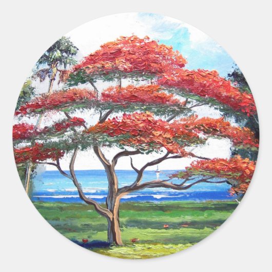 Kunst van de koninklijke boomstructuur Poinciana Ronde Sticker (Voorkant)
