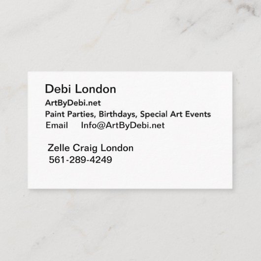 Kunst van Debi, Visitekaartje (Achterkant)