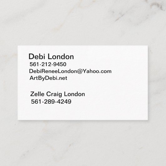 Kunst van Debi, Visitekaartje (Achterkant)