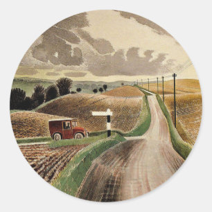 Kunst van Eric Ravilious, Landschap in Wiltshire, Ronde Sticker