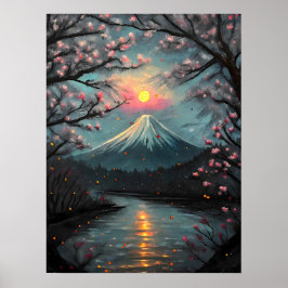 Kunst van Fuji Zonsondergang Kersenbloesem Berg Poster