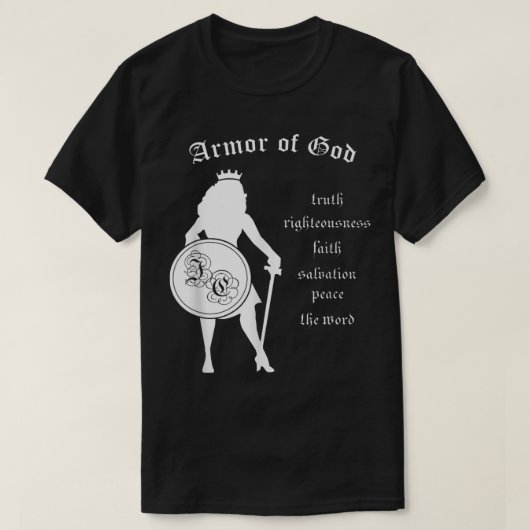 Kunst van God Sterke Woman Crown Shield Sword Bijb T-shirt (Design voorkant)