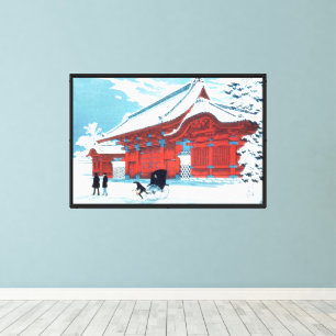 Kunst van het oude Japanse rode hek in wintersneeu Canvas Afdruk