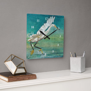 Kunst van het strand van Egret Shorebird Vierkante Klok