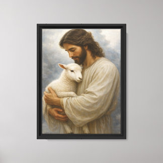 Kunst van Jezus die een lam vasthoudt in vrede Canvas Afdruk