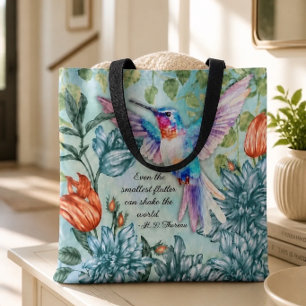 Kunst van kolibriebloemen met citaat van Thoreau Tote Bag