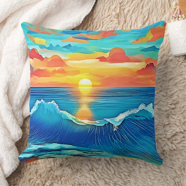Kunst van oceaangolf bij zonsondergang kussen (Deken)
