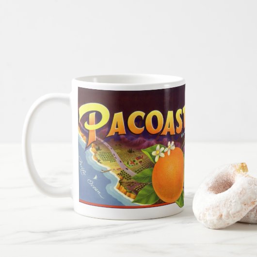 Kunst van oud fruitkistlabel, Pacoast Sinaasappels Koffiemok (Met donut)