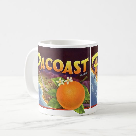 Kunst van oud fruitkistlabel, Pacoast Sinaasappels Koffiemok (Voorkant links)
