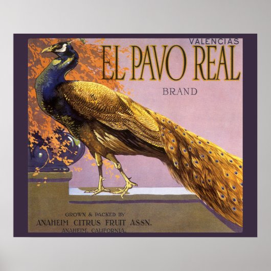 Kunst van oud fruitkratlabel El Pavo Pauw Vogel Poster (Voorkant)