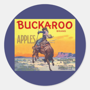 Kunst van oude fruitkratlabel, Buckaroo Appels Ronde Sticker
