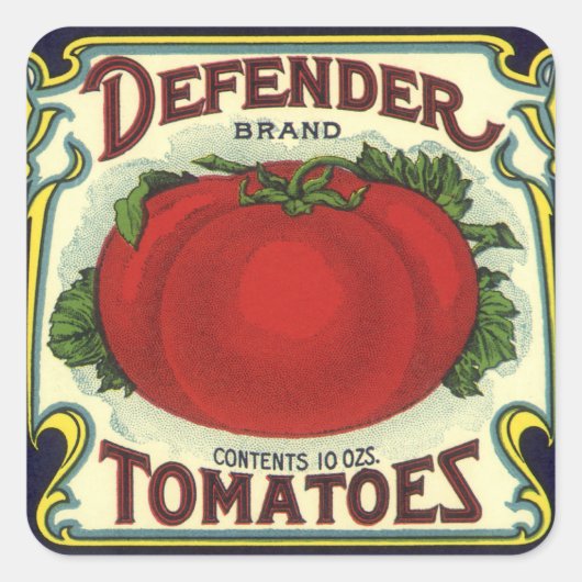 Kunst van oude fruitkratlabel, Defender Tomaten Vierkante Sticker (Voorkant)