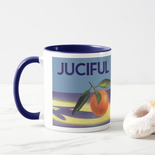 Kunst van oude fruitkratlabel, Juciful Sinaasappel Mok (Met donut)