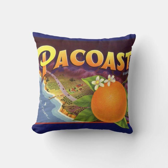Kunst van oude fruitkratlabel, Pacoast Sinaasappel Kussen (Voorkant)
