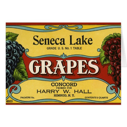 Kunst van oude fruitkratlabel, Seneca Lake-druiven (Voorkant Horizontaal)