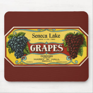 Kunst van oude fruitkratlabel, Seneca Lake-druiven Muismat