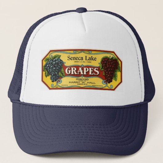 Kunst van oude fruitkratlabel, Seneca Lake-druiven Trucker Pet (Voorkant)