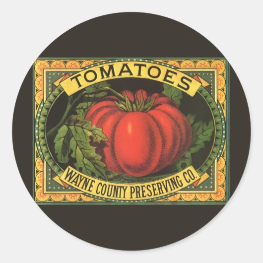 Kunst van oude fruitkratlabel, Wayne Co Tomaten Ronde Sticker (Voorkant)