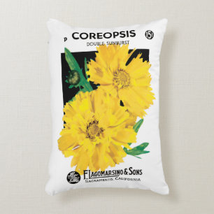Kunst van oude zaadpakketten, gele Coreopsis-bloem Accent Kussen