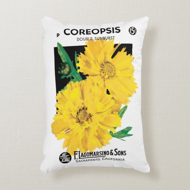Kunst van oude zaadpakketten, gele Coreopsis-bloem Accent Kussen (Voorkant(Verticaal))