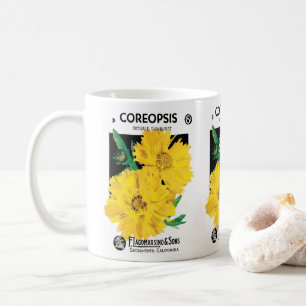 Kunst van oude zaadpakketten, gele Coreopsis-bloem Koffiemok