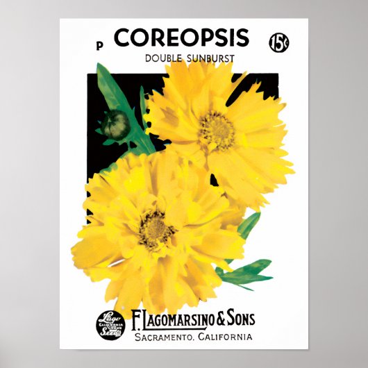 Kunst van oude zaadpakketten, gele Coreopsis-bloem Poster (Voorkant)