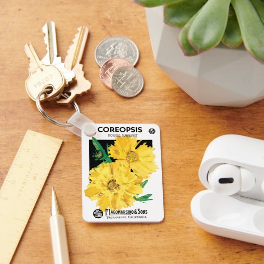 Kunst van oude zaadpakketten, gele Coreopsis-bloem Sleutelhanger (Bureau)