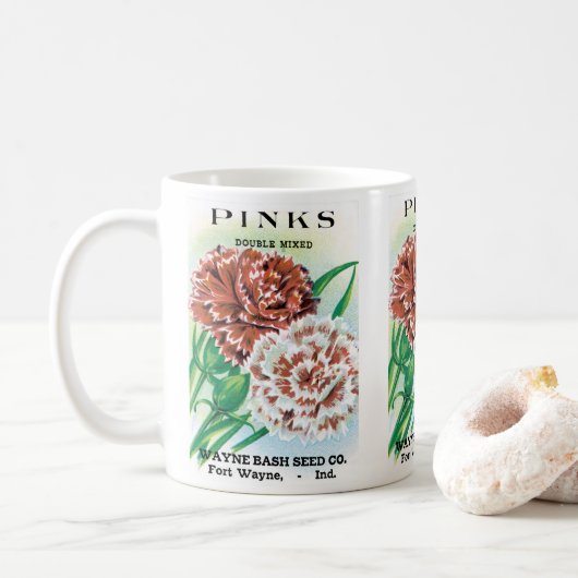 Kunst van oude zaadpakketten, Pinks Anjers Bloemen Koffiemok (Met donut)