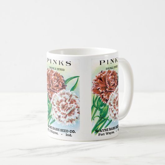 Kunst van oude zaadpakketten, Pinks Anjers Bloemen Koffiemok (Voorkant rechts)