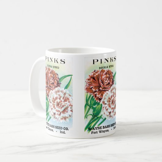 Kunst van oude zaadpakketten, Pinks Anjers Bloemen Koffiemok (Voorkant links)