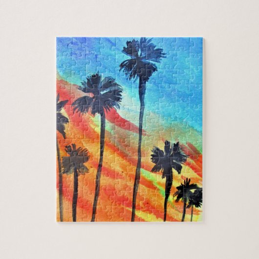 Kunst van palmbomen op het strand bij zonsondergan legpuzzel (Verticaal)