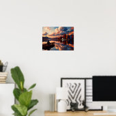 Kunst van Sunset Mountain Lake & Boot Poster (Thuiskantoor)