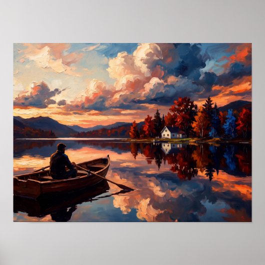 Kunst van Sunset Mountain Lake & Boot Poster (Voorkant)